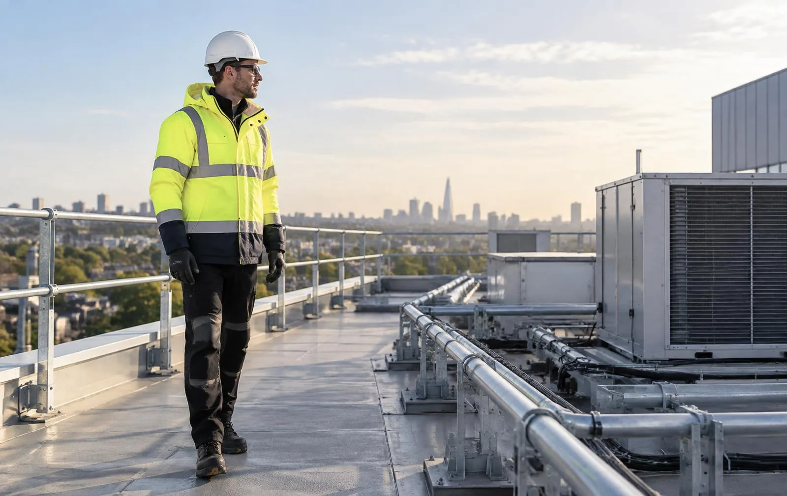 Construction professional carrying out a hands-free rooftop inspection